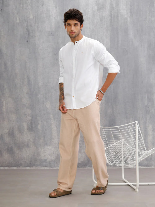 100% Cotton Solid Mandarine Collar Shirt I White