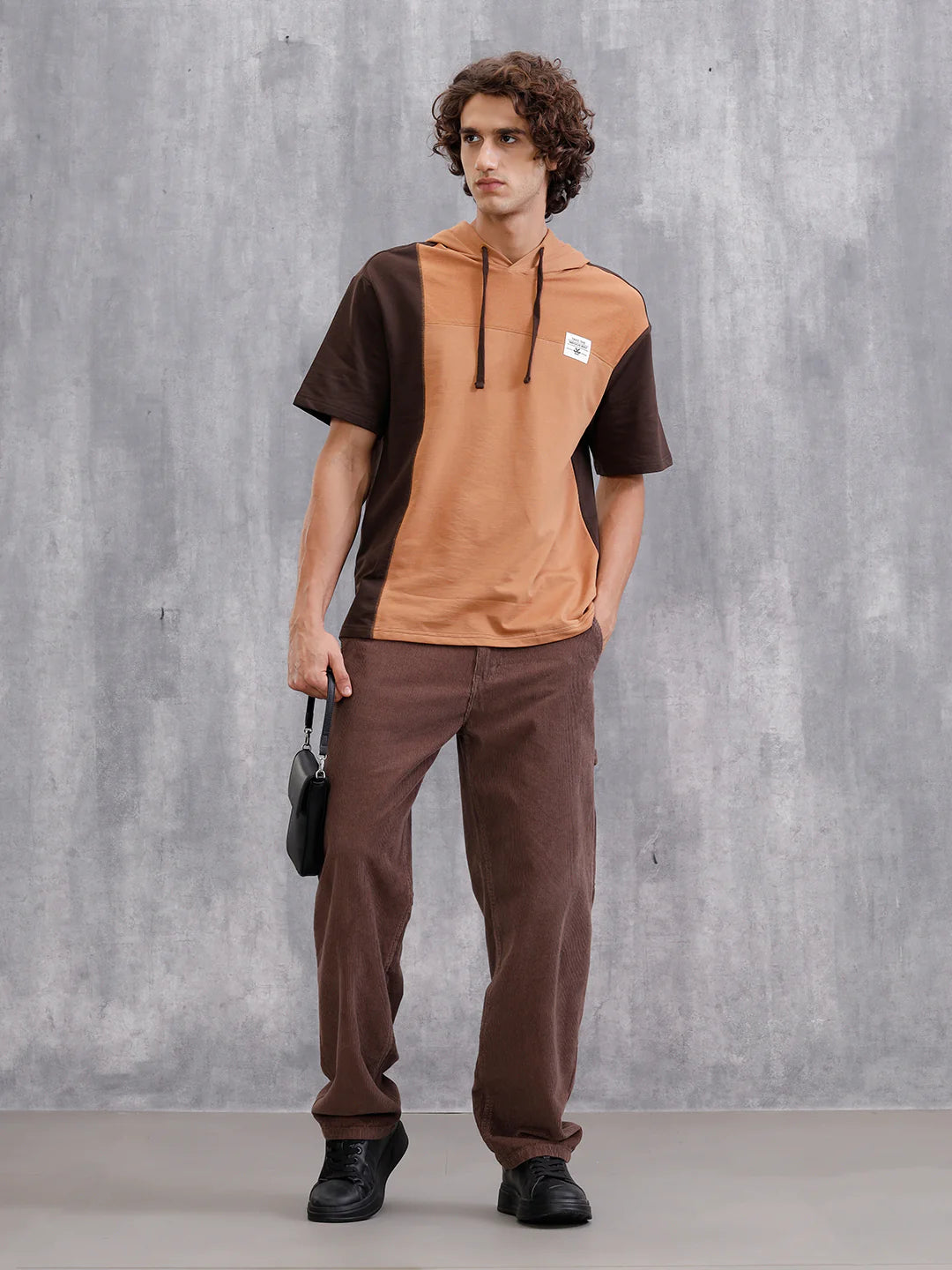 Asymmetrical Colorblocked Textured Hoodie With Printed Canvas Patch | Brown