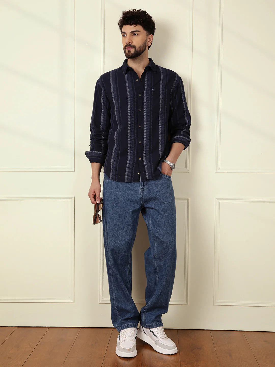 Textured Stripes Comfort Fit Shirt | Navy Blue