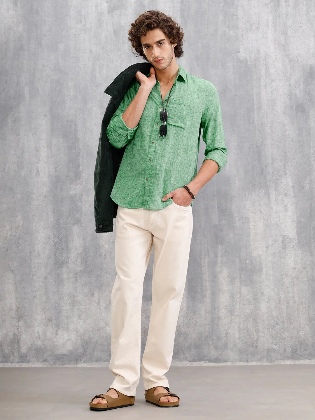 Melange Look 100%Cotton Regular Fit Shirt | Green