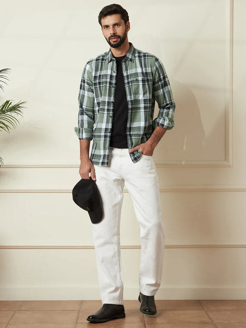 Checked Slim Fit Textured Shirt | Olive