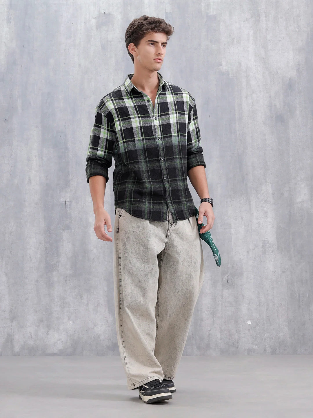 Men Checkered Pattern Oversized Fit Shirt | Black