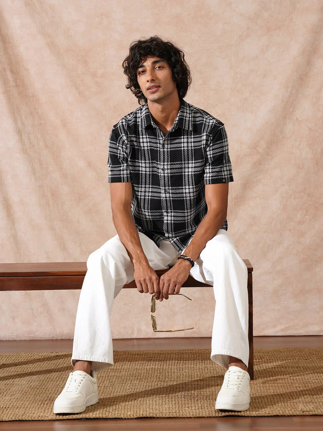 Textured Checks Comfort Fit Shirt | Black