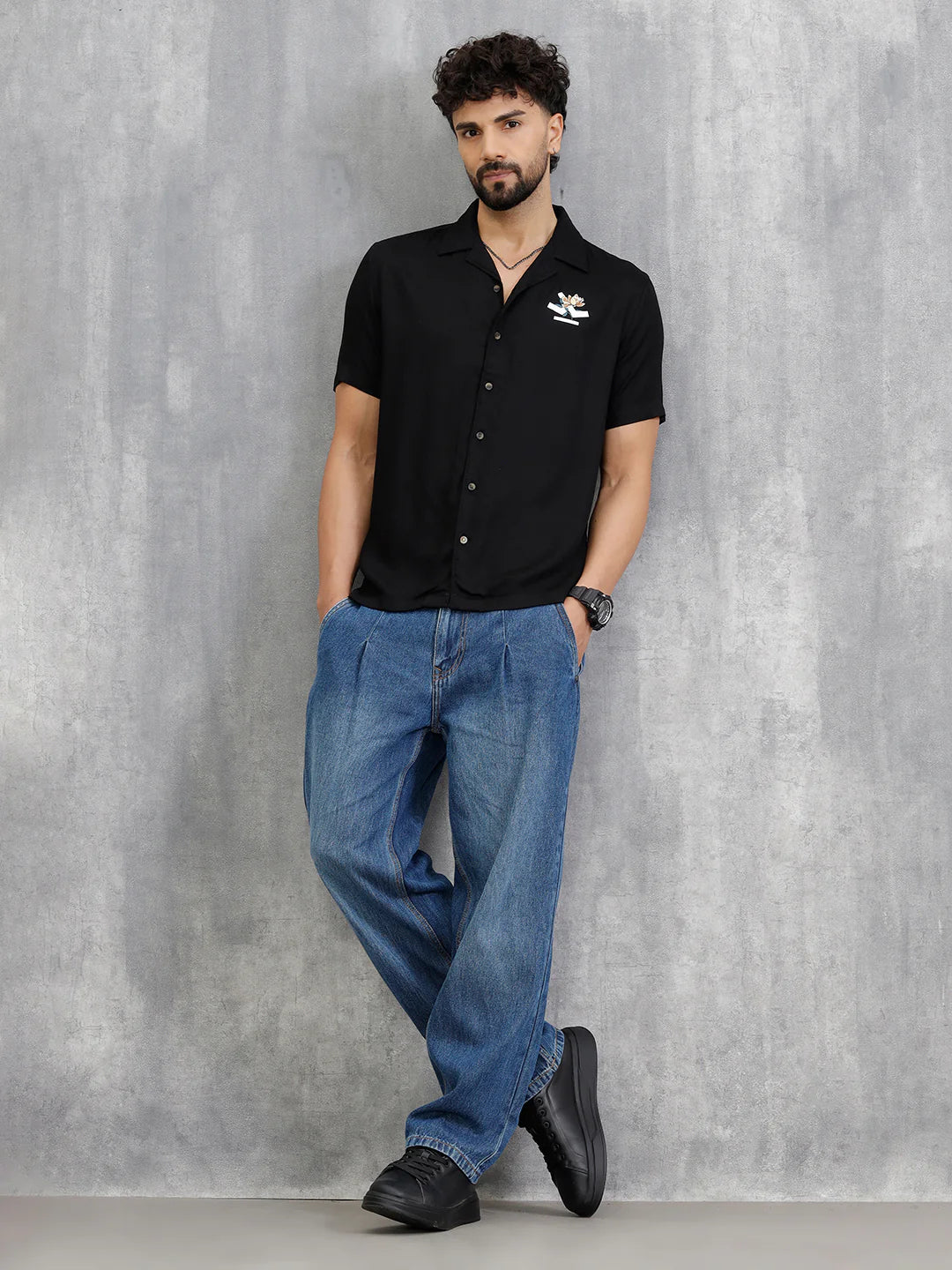 Fluid Resort Collar Shirt With Surreal Back Print | Black