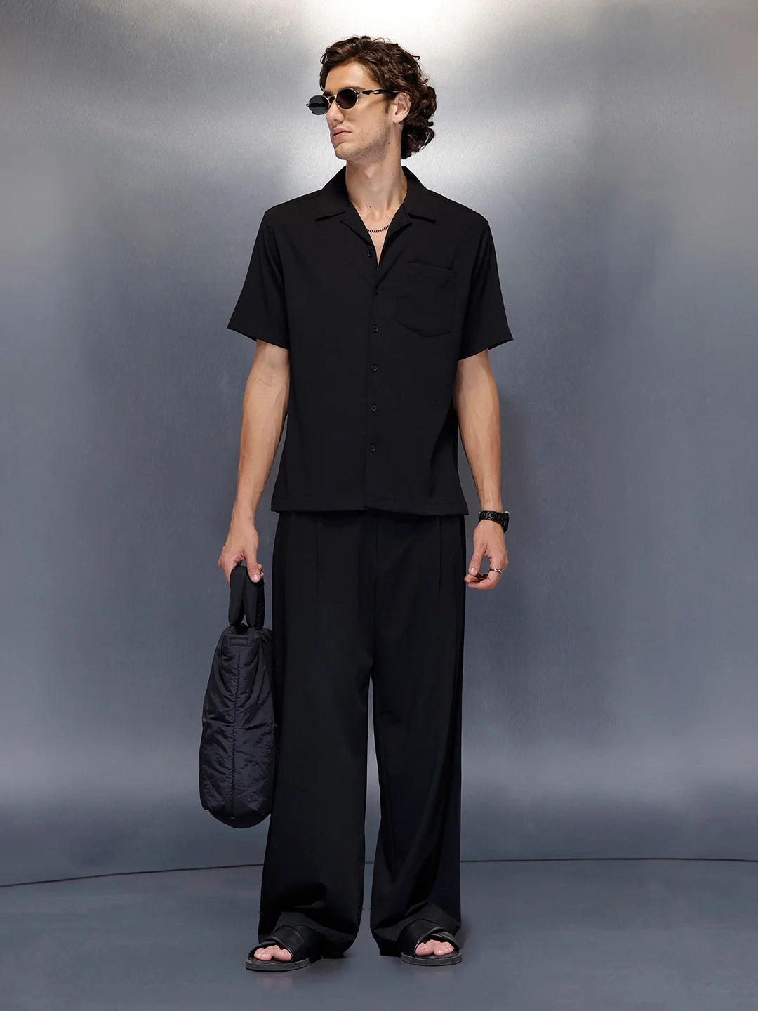 Men’s black casual camp collar shirt | Black