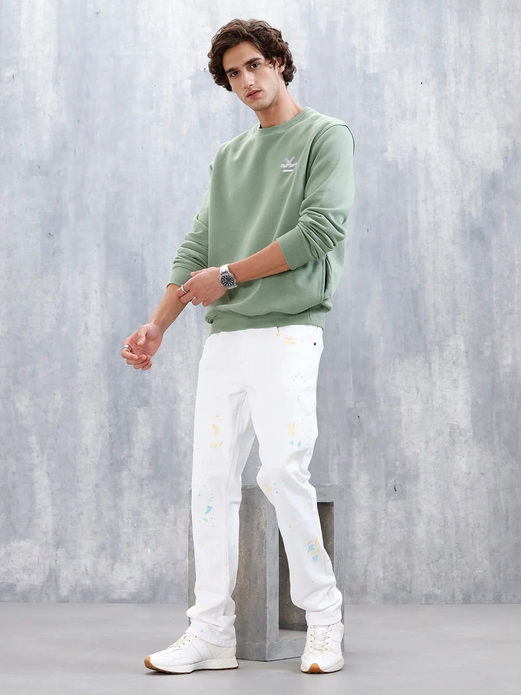 Men's Causal Straight Fit Splatter Effect Jeans | White