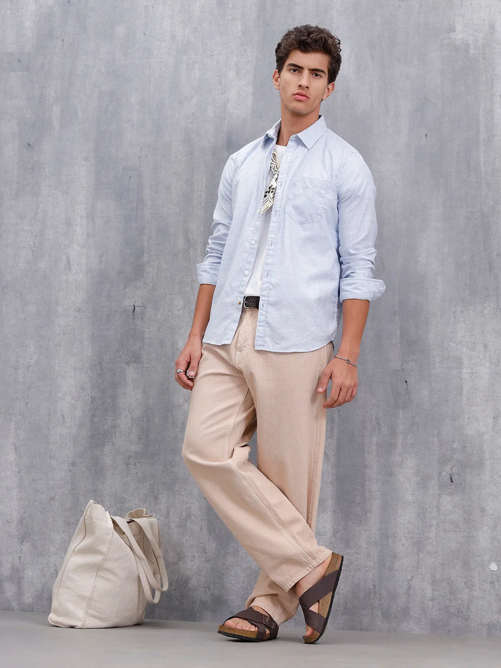 Men Casual Slim Fit Stiped Pattern Shirt | Light Blue