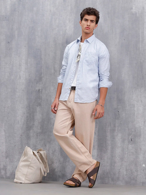 Men Casual Slim Fit Stiped Pattern Shirt | Light Blue