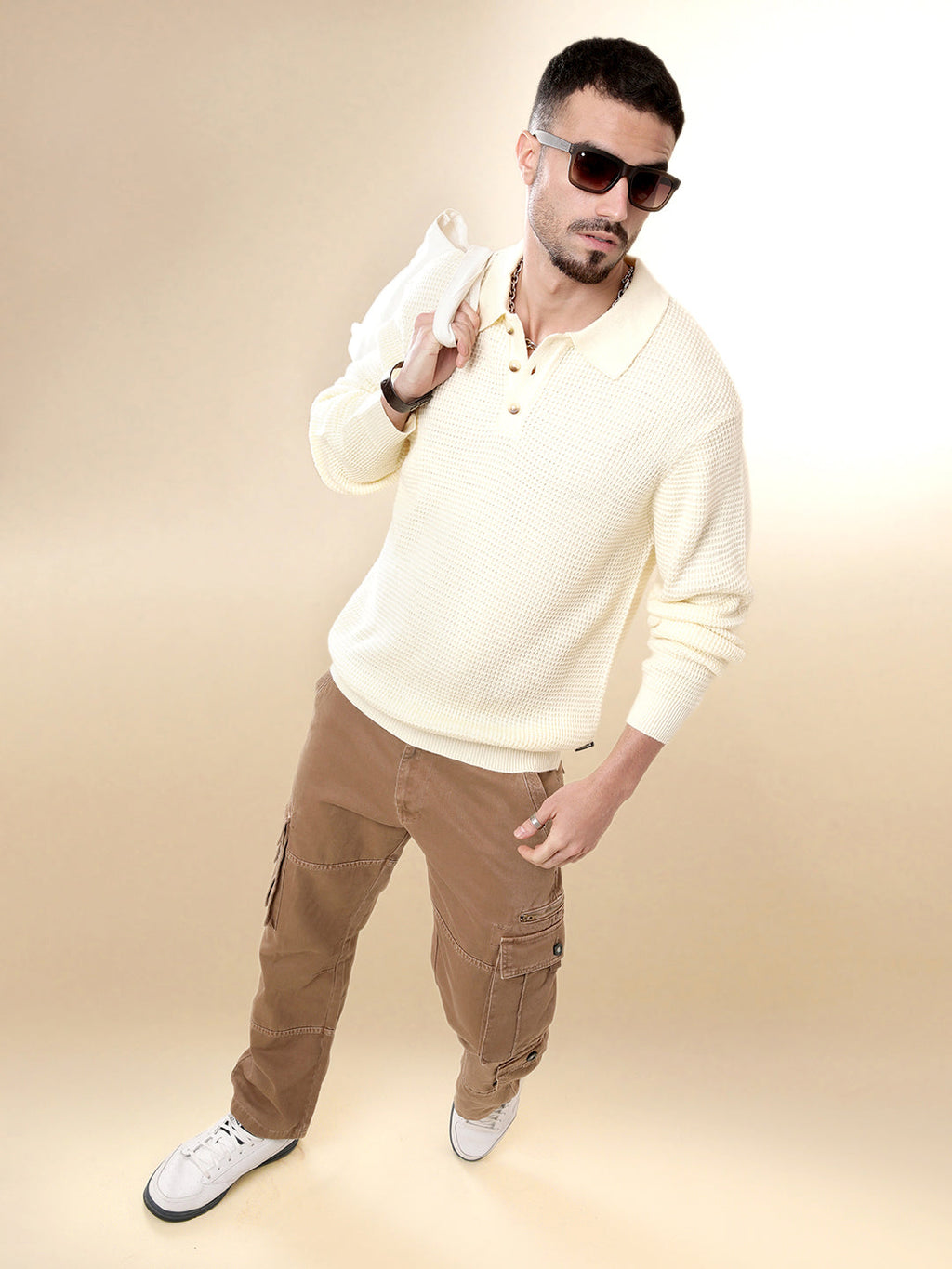 Beige Knit Polo Neck Sweater