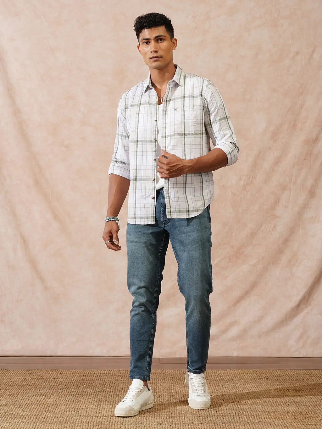 Textured Checks Slim Fit Shirt | Beige