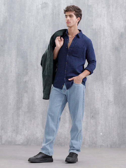 Indigo Double Cloth Slim Fit Shirt In Dark Wash | Dark Blue