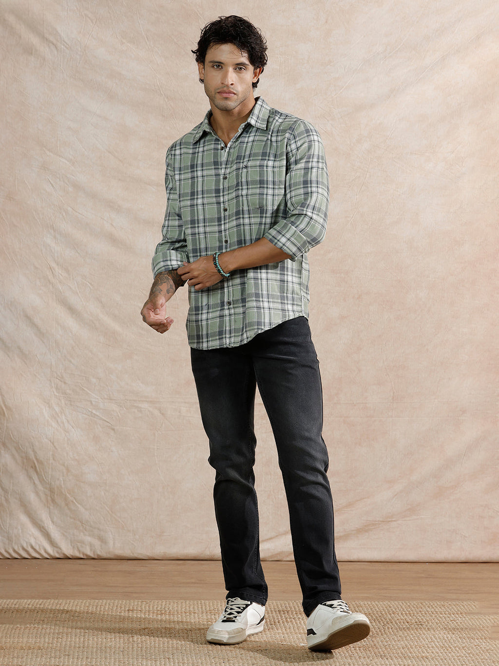 Dobby Textured Checks Regular Fit Shirt | Green