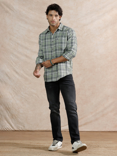 Dobby Textured Checks Regular Fit Shirt | Green