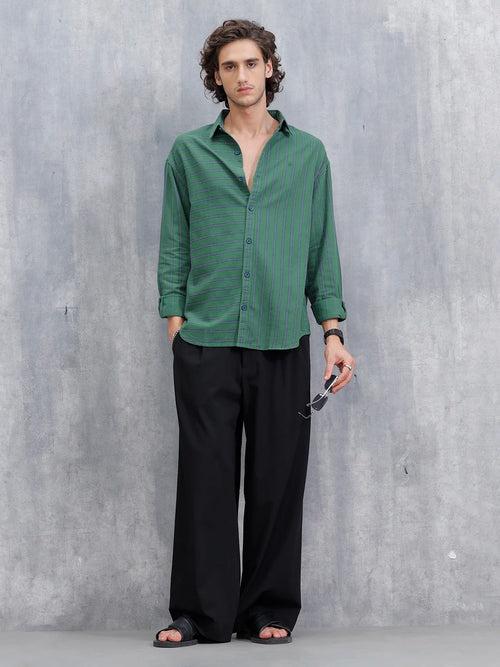 Asymmetrical Striped Oversized Shirt For Men | Dark Green