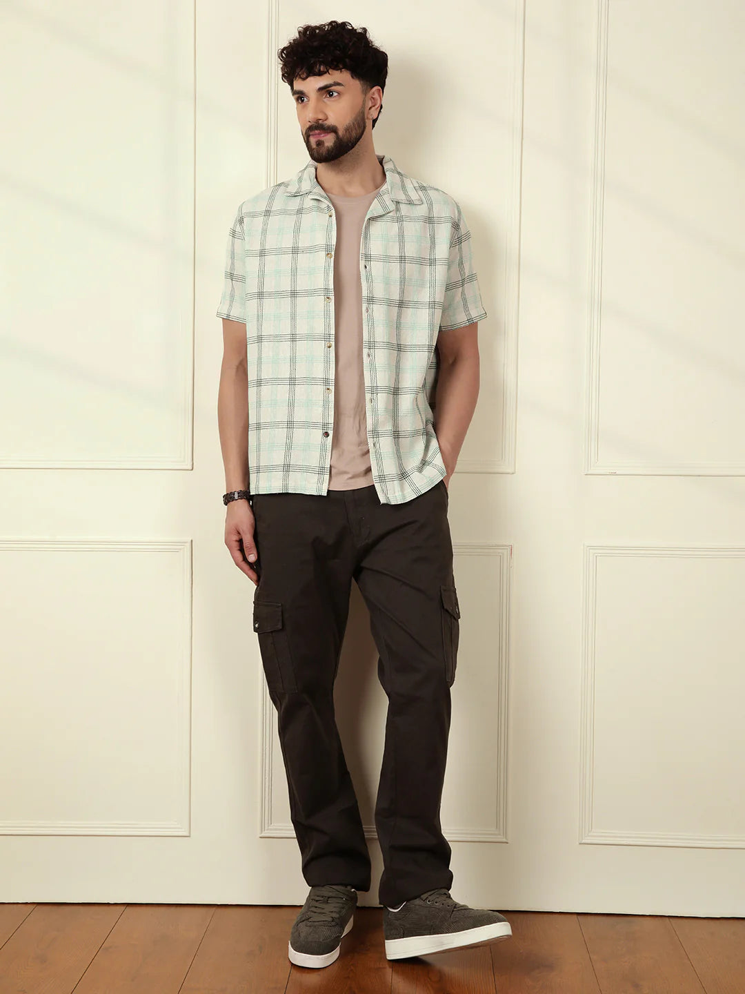 Textured Short Sleeve Checked Shirt | Light Green