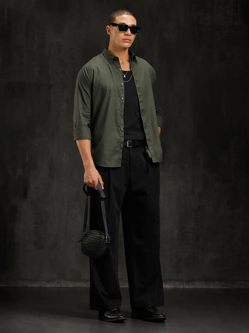 Cotton Dobby Full Sleeve Shirt | Olive