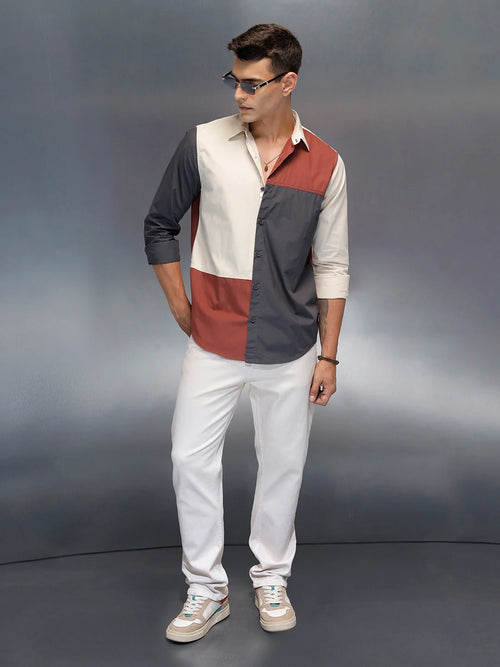 Men's Casual Regular Fit Shirt With Colourblock | Rust