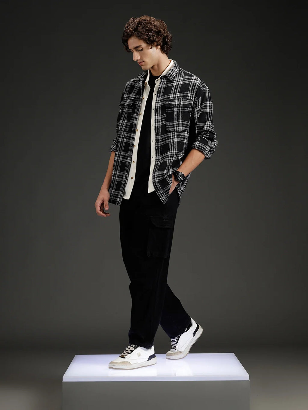 Wrogn Men's Casual Checkered Shirt | Black