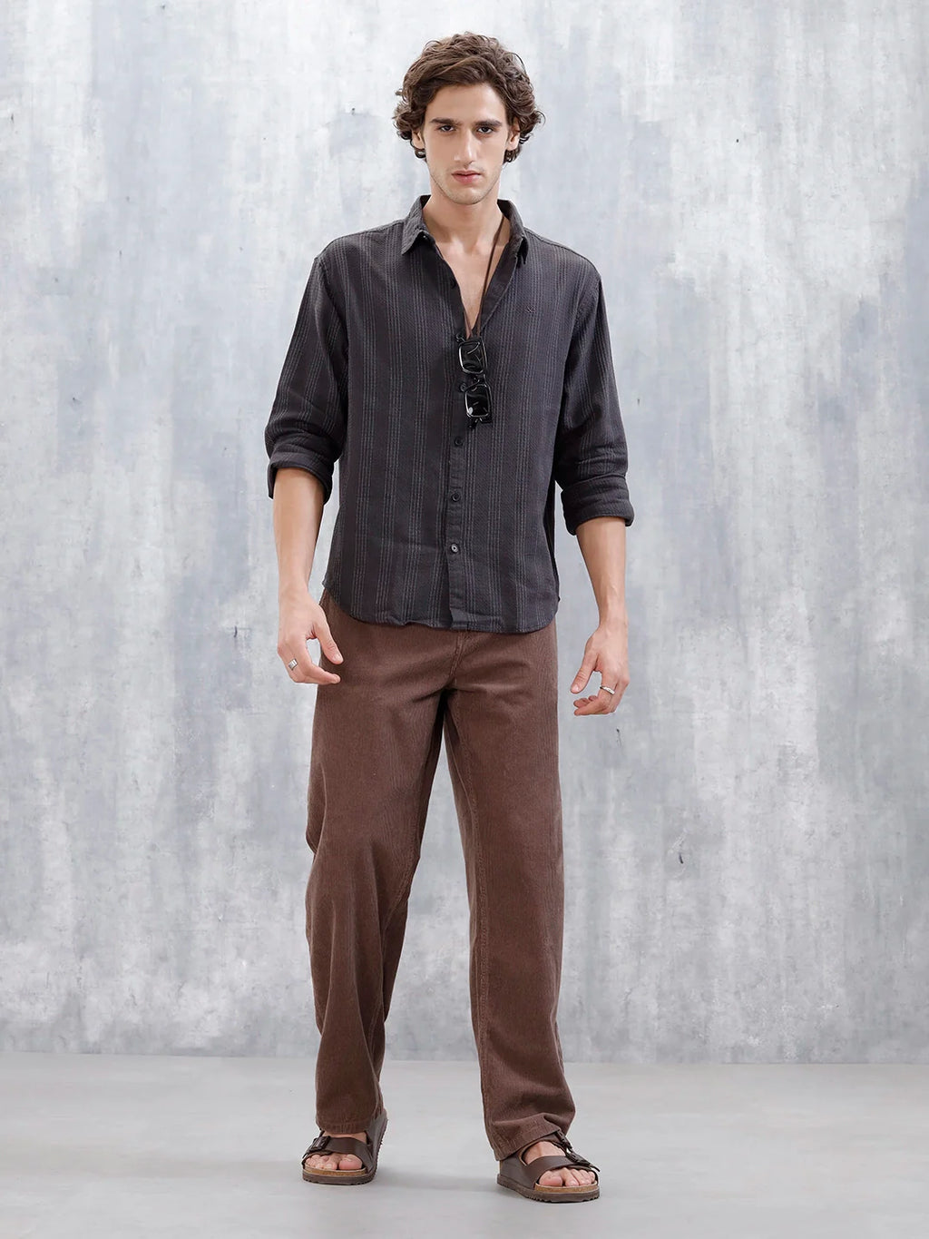 Wrogn Men's Self Stripe Structured Shirt  | Dark Grey