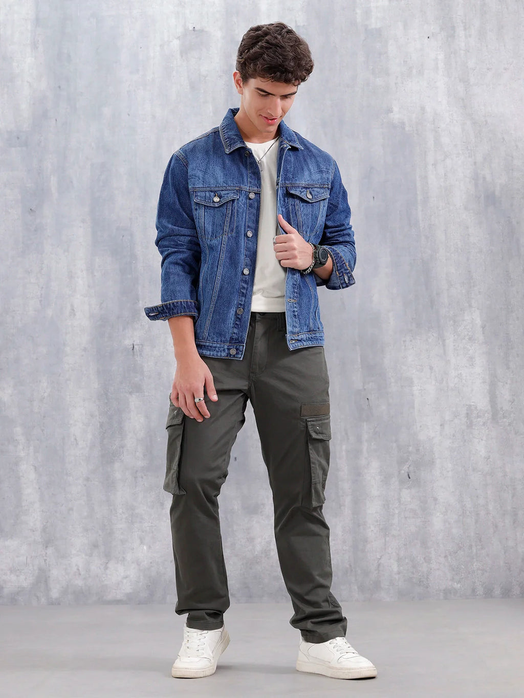 Slim Fit Laser Printed Denim Trucker | Dark Wash