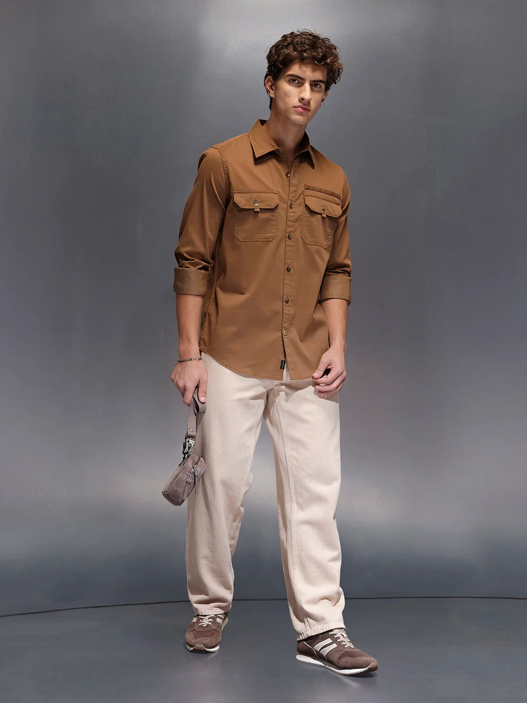 Men's Slim Fit Casual Shirt with Double Pocket  |  Khaki