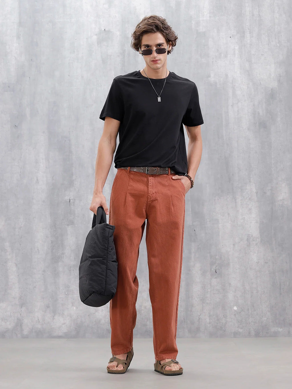 Men's Causal Loose Pleated Jeans | Rust