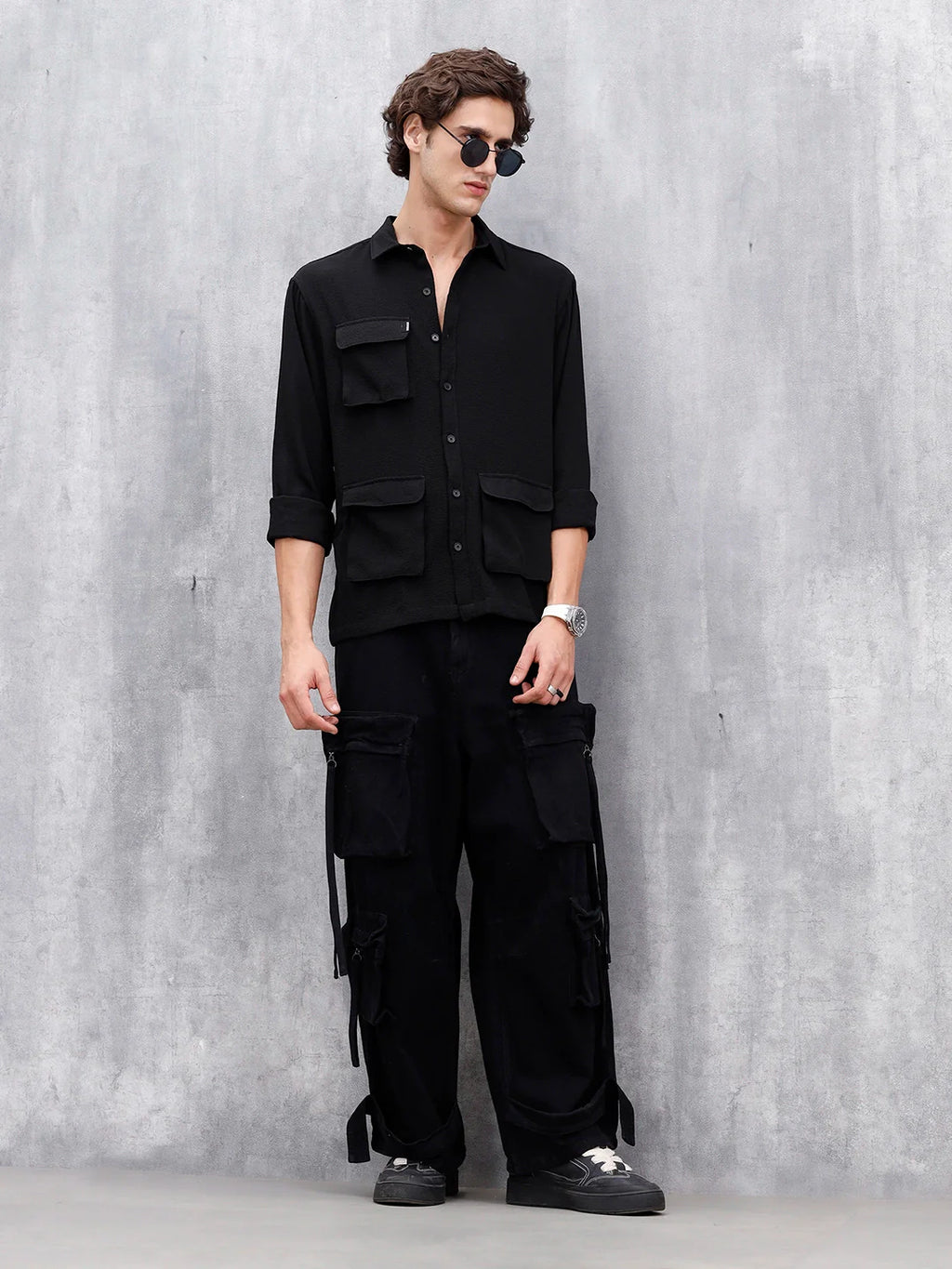 Comfort Fit Solid Shirt With Utility Pockets | Black