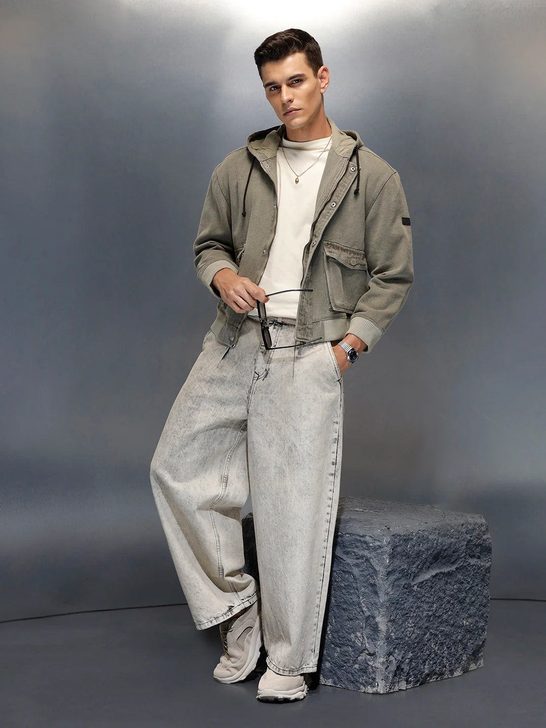 men's casual oversized crop fit front zipper hooded jacket | Olive