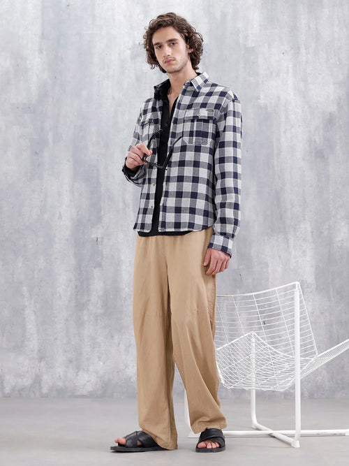 Checkered Pattern Double Pocket Comfort Fit Shirt | Navy Blue