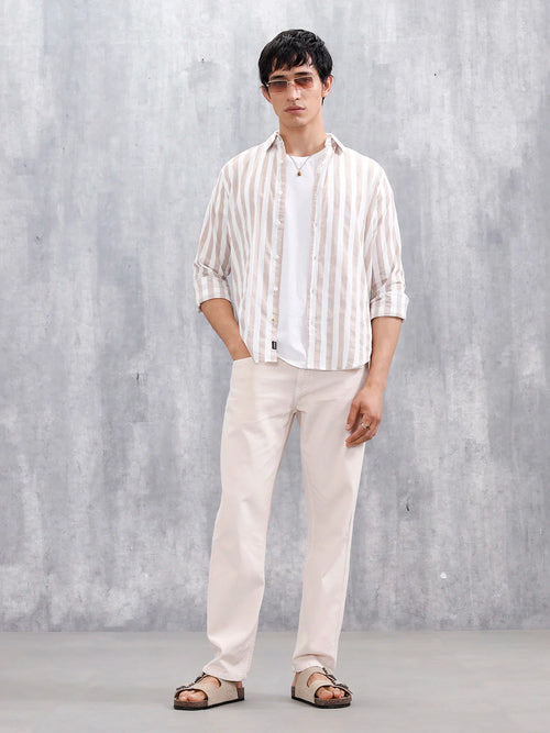 Comfort Fit Striped Casual Shirt For Men | Beige