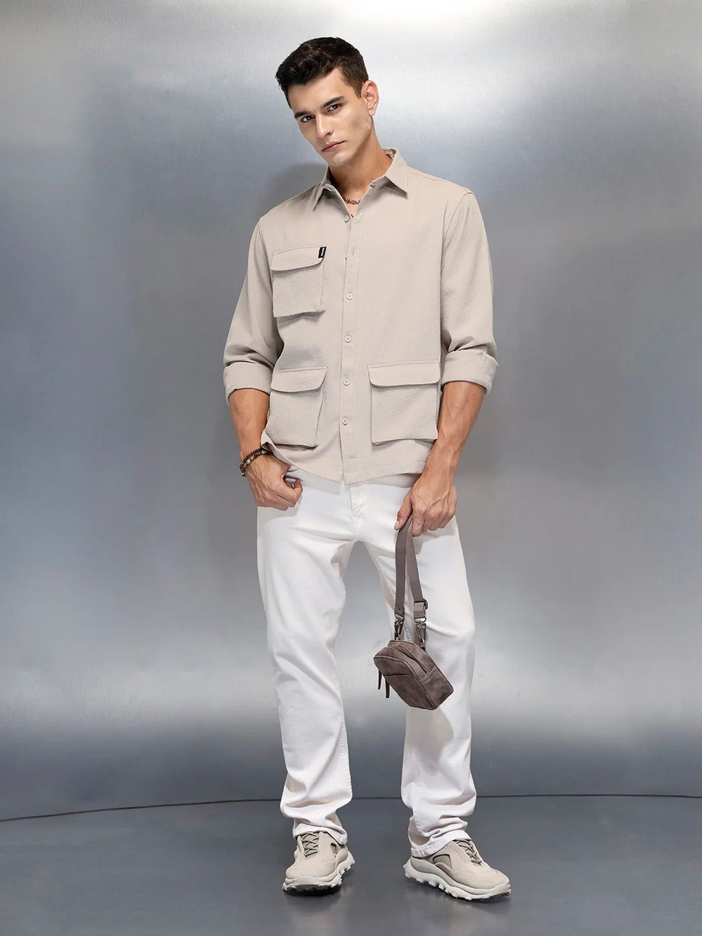 Men's Casual Comfort Fit Utility Pockets Shirt | Beige
