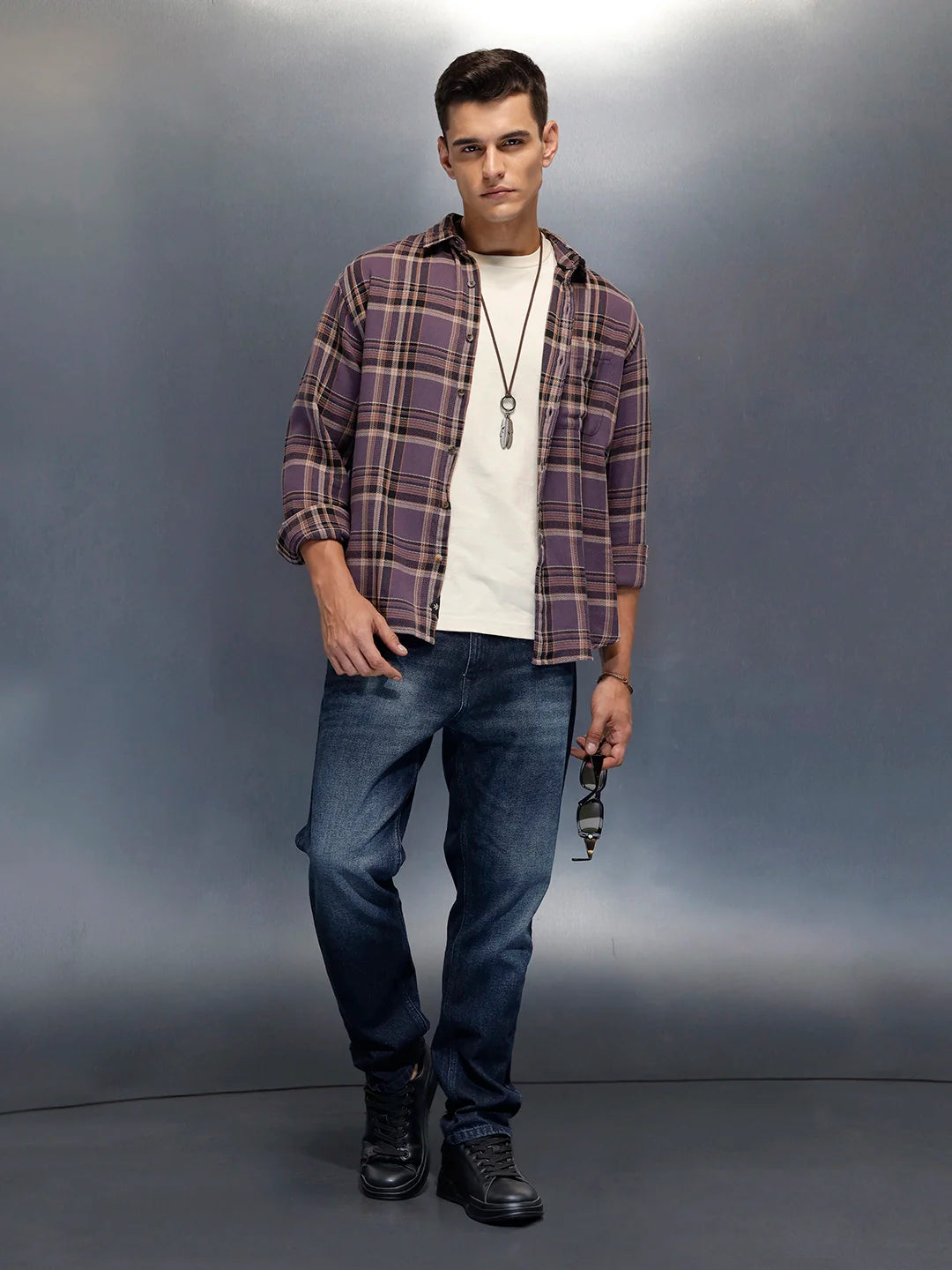 Men's casual comfort fit checkered pattern shirt | Purple