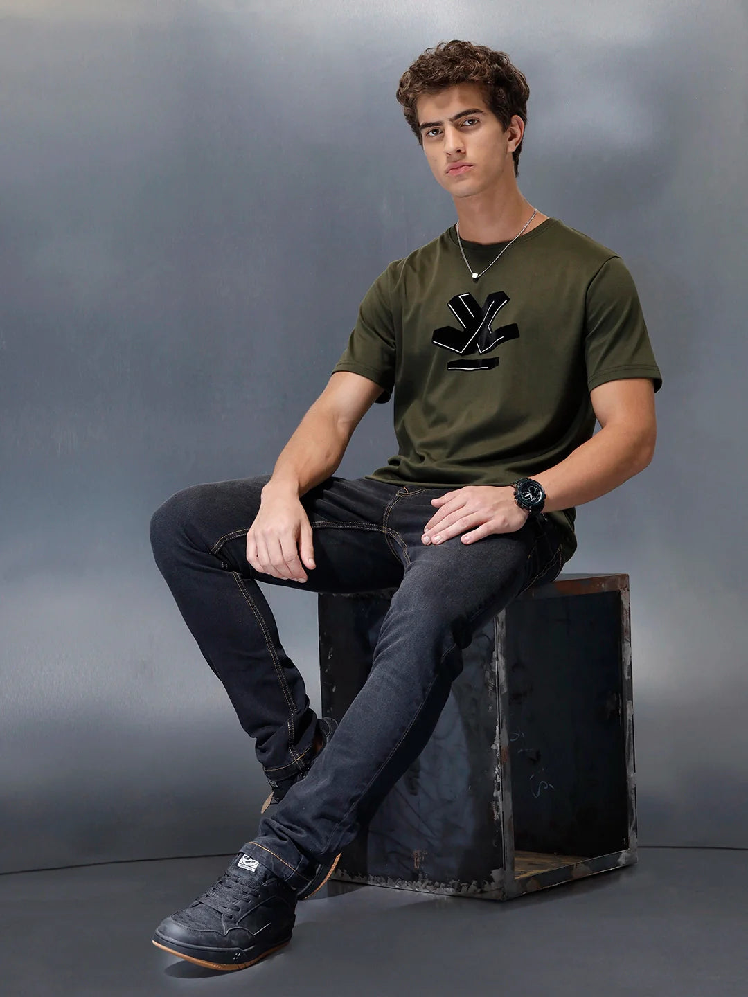 Men's Casual Wrogn Flock printed Tshirt  | Olive