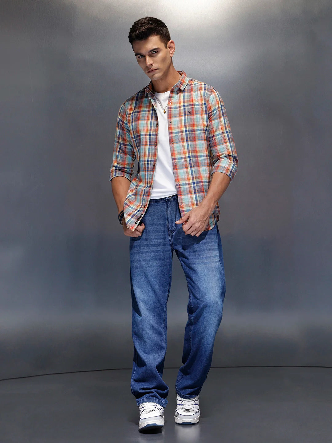 Men's slim fit checked shirt | Orange