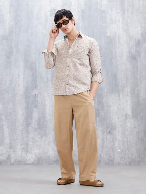 Floral Printed Slim Fit Men's Casual Shirt | Khaki