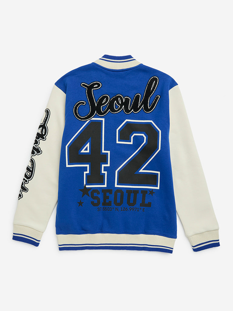 Y&F Kids Blue Text Printed Cotton-Blend Varsity Jacket