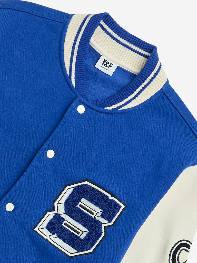 Y&F Kids Blue Text Printed Cotton-Blend Varsity Jacket