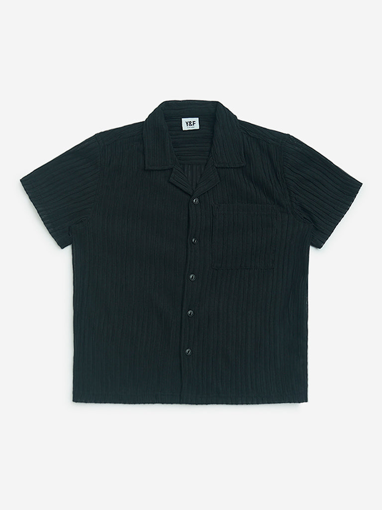 Y&F Kids Black Self-Textured Resort-Fit Shirt