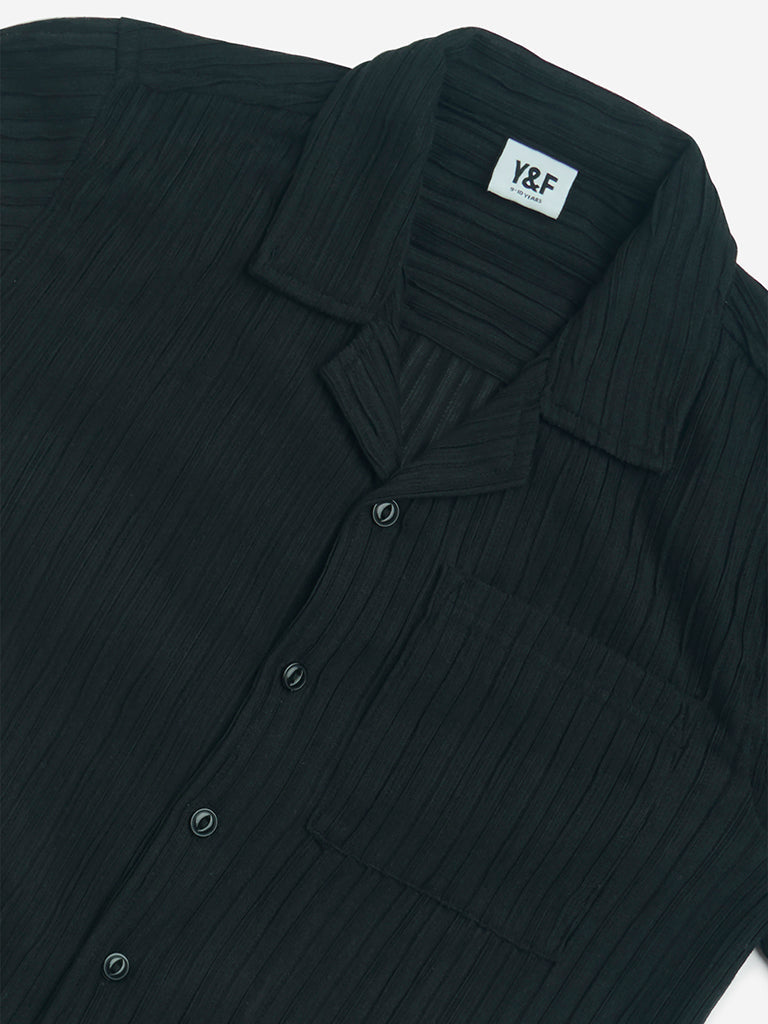 Y&F Kids Black Self-Textured Resort-Fit Shirt