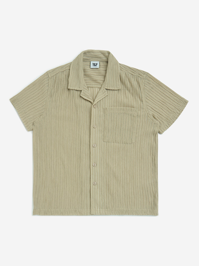 Y&F Kids Beige Self-Textured Resort-Fit Shirt