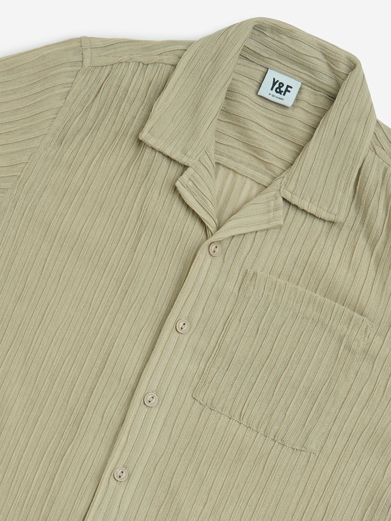 Y&F Kids Beige Self-Textured Resort-Fit Shirt