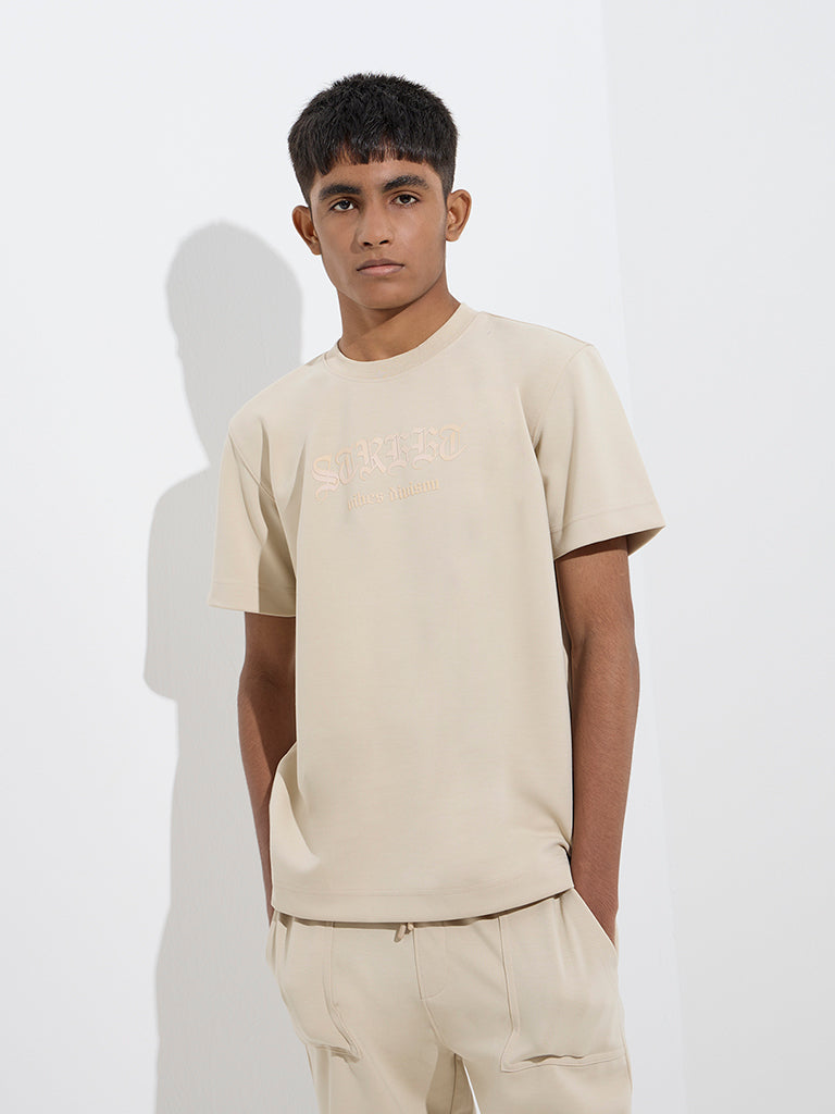 Y&F Kids Beige Text Design T-Shirt