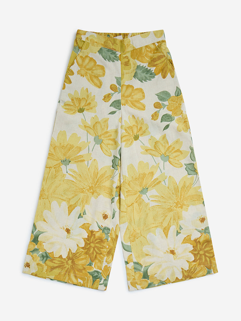 Utsa Kids Yellow Floral Printed Cotton-Blend Palazzos (8-14yrs)