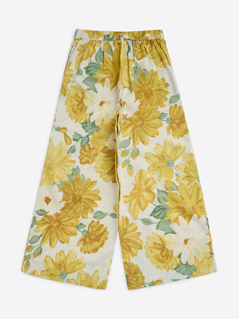 Utsa Kids Yellow Floral Printed Cotton-Blend Palazzos (8-14yrs)