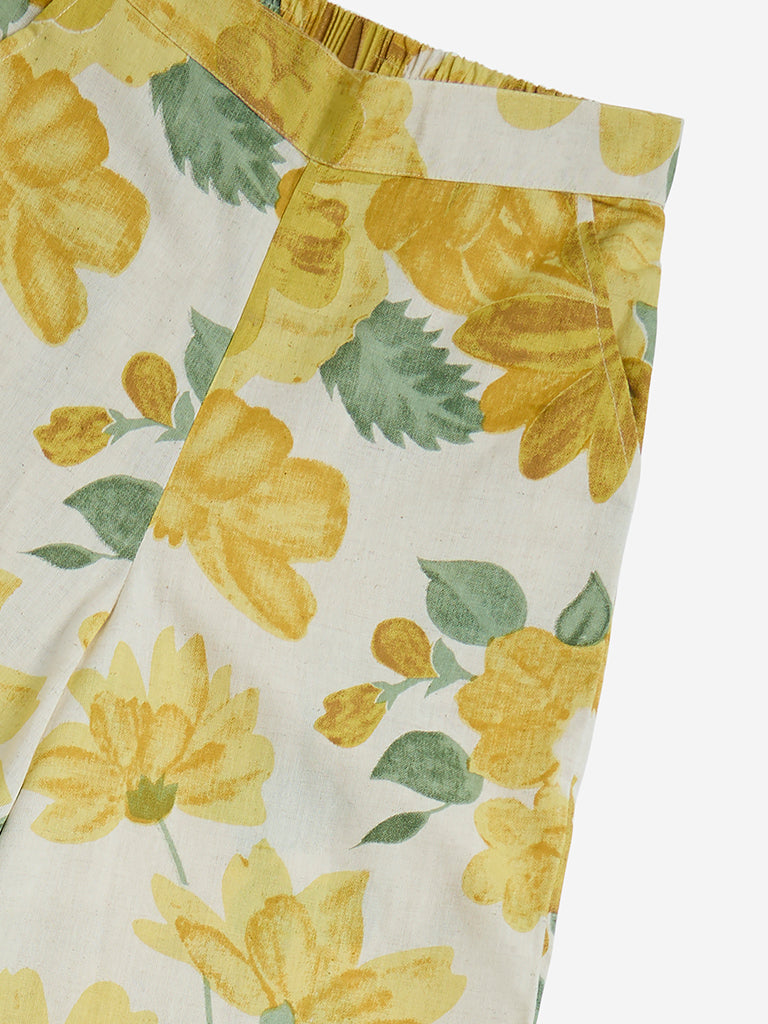 Utsa Kids Yellow Floral Printed Cotton-Blend Palazzos (8-14yrs)