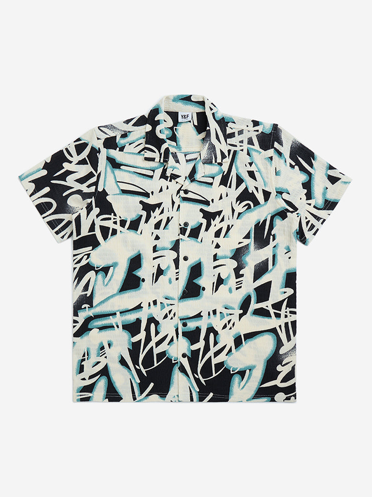 Y&F Kids Black Abstract Printed Resort-Fit Shirt