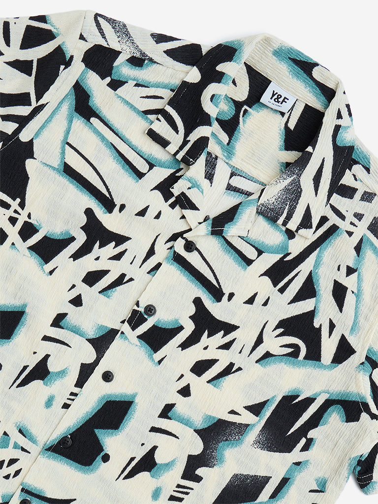 Y&F Kids Black Abstract Printed Resort-Fit Shirt