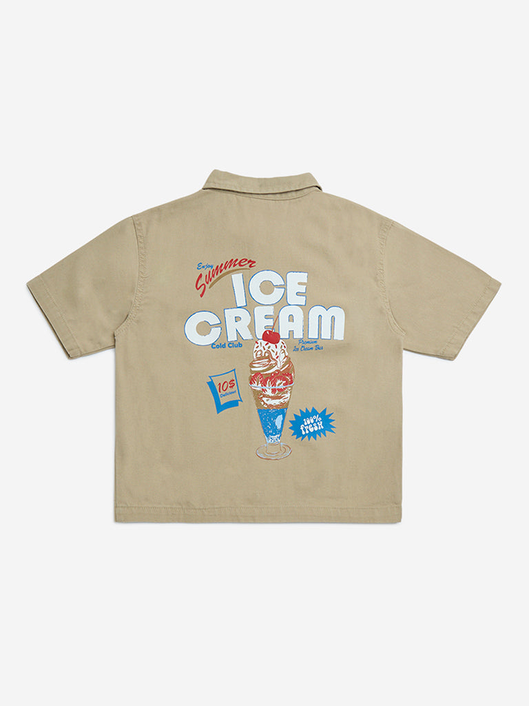 HOP Kids Taupe Printed Cotton Shirt