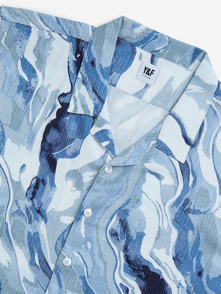 Y&F Kids Blue Marble Printed Resort-Fit Shirt