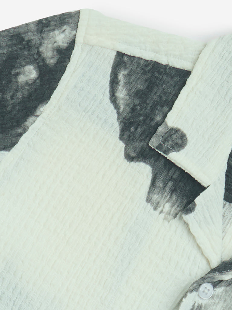 Y&F Kids White Smudge-Printed Resort-Fit Shirt